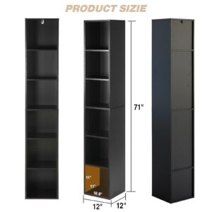 PACHIRA E-Commerce 71" H Tall Narrow Bookcase for Home Office Black, 6 Cubes Adjustable Book Shelf Display Rack Wooden Modern Corner Bookcase, 12" D x 12" W x 71" H