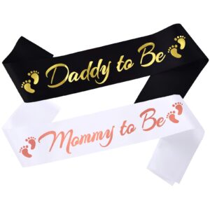 2pcs mommy to be and daddy to be sash, maternity photo prop sash for new mom dad baby shower party gender reveal supplies decorations, black+white