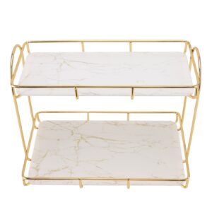 VINGVO 2 Tier Cosmetic Storage Shelf, Iron Metal Makeup Organizer Countertop Rack Gold Perfume Display Organizer Waterproof Dresser Storage Shelf Rack Marble Tray for Bathroom Bedroom