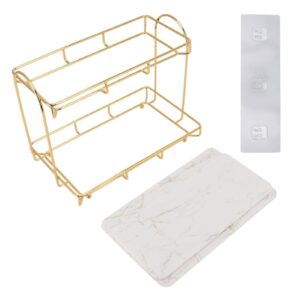 VINGVO 2 Tier Cosmetic Storage Shelf, Iron Metal Makeup Organizer Countertop Rack Gold Perfume Display Organizer Waterproof Dresser Storage Shelf Rack Marble Tray for Bathroom Bedroom