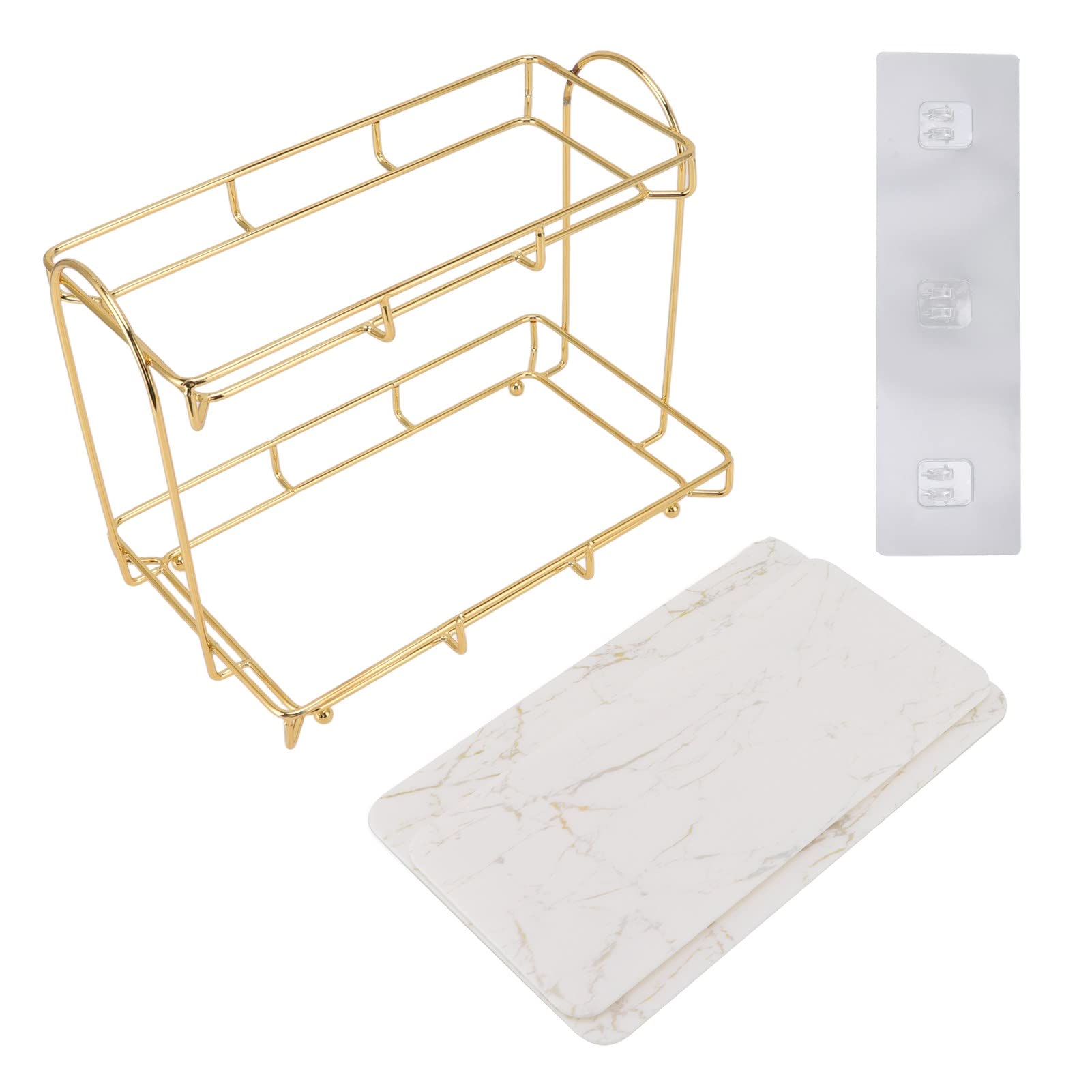 VINGVO 2 Tier Cosmetic Storage Shelf, Iron Metal Makeup Organizer Countertop Rack Gold Perfume Display Organizer Waterproof Dresser Storage Shelf Rack Marble Tray for Bathroom Bedroom