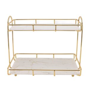 VINGVO 2 Tier Cosmetic Storage Shelf, Iron Metal Makeup Organizer Countertop Rack Gold Perfume Display Organizer Waterproof Dresser Storage Shelf Rack Marble Tray for Bathroom Bedroom