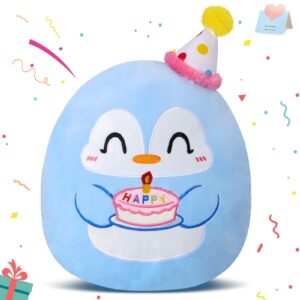 houwsbaby 12'' blue happy birthday penguin plush pillow,penguin stuffed animal toy holding a cake,cute birthday gift decoration for kids' birthday parties boys girls