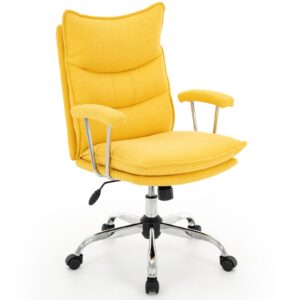 422 soft linen office chair with padded armrests, premium double cushion, 360° swivel high back ergonomic computer task chair for home study&meeting(yellow)