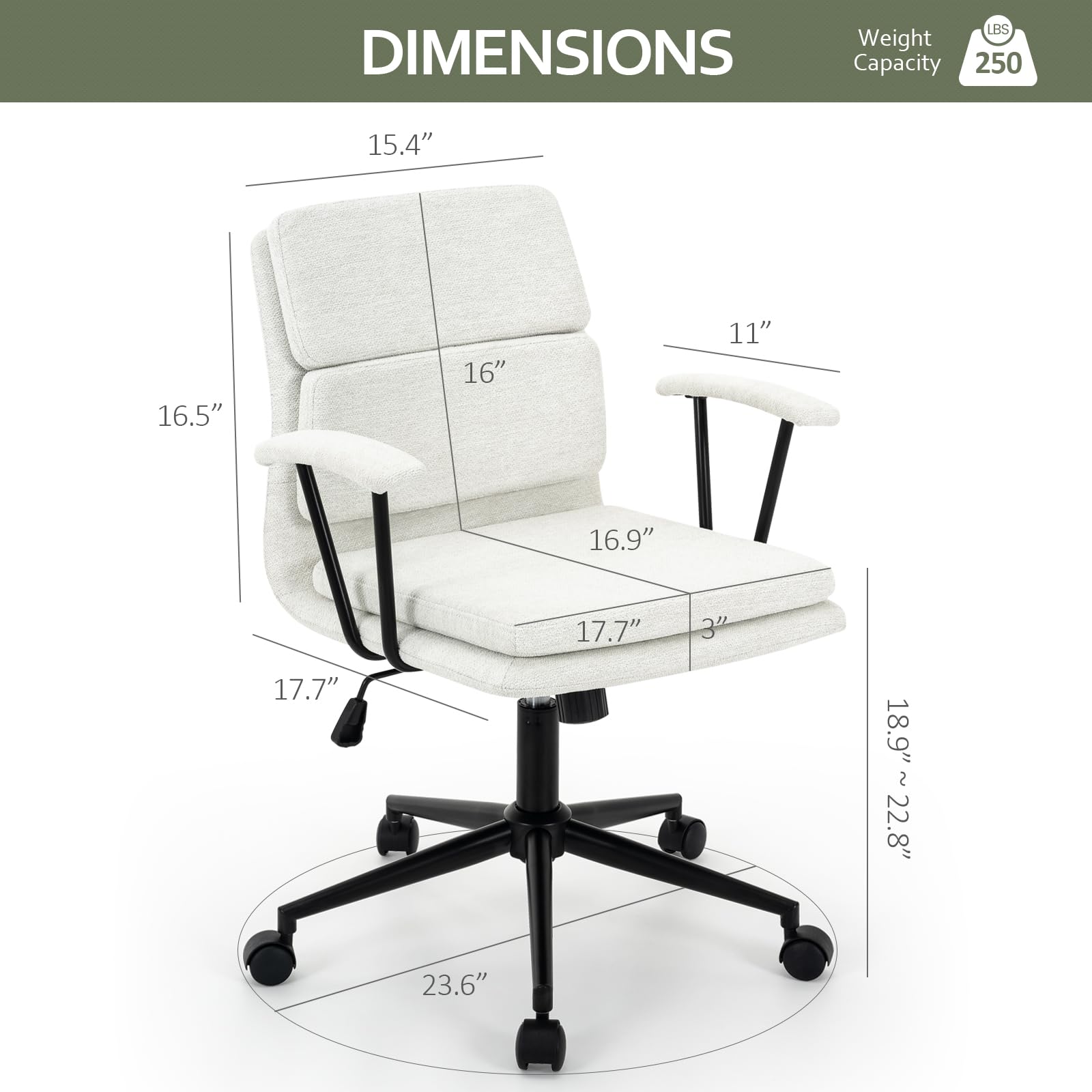 422 Modern Linen Office Chair with Removable Padded Armrests, Premium Double Cushion, 135° Rocking Mid Back Ergonomic Computer Task Chair with Wheels for Home Study&Meeting(White)