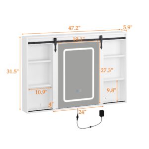 Lovinouse Medicine Cabinet for Bathroom with LED Mirror & Sliding Doors, Extra Large Wall Mounted Storage Cabinet w/ 9 Shelves & Anti-Fog Function, 47.2 X 31.5 Inch, White