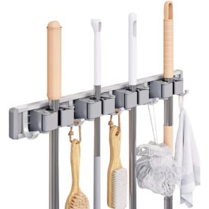 Qinlenyan Punch-Free Broom Organizer Anti-Slip Rollers Mop Holder Wall-Mounted with 5 Hooks Waterproof Anti-Skid Roller Design Strong Load Bearing Bathroom Silver L