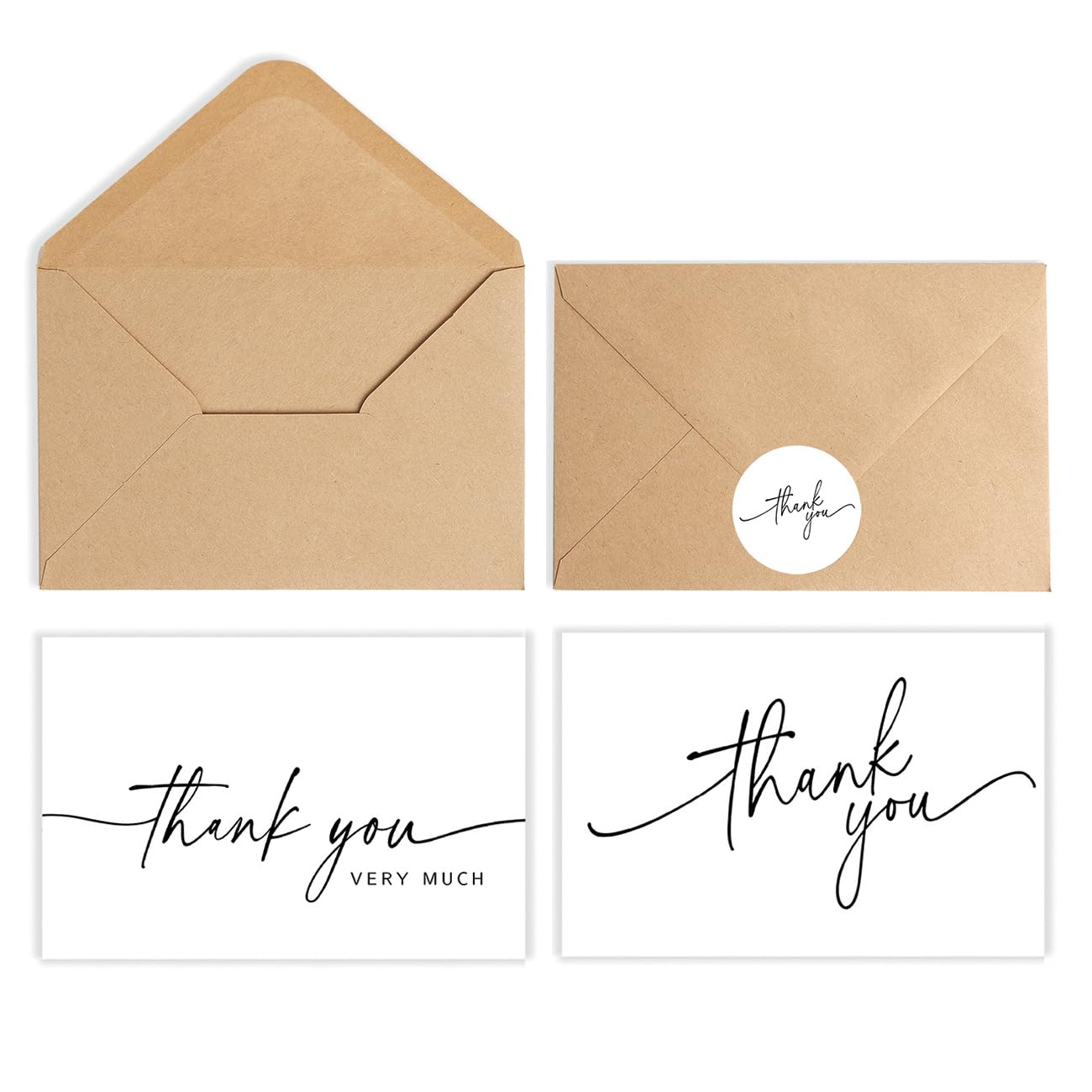 SPIRITDUST 52-pack Thank You Cards Bulk with Kraft Envelopes & Matching Stickers, 3.5x5 Inches, Minimalist Design | Perfect for Business, Weddings, Baby & Bridal Showers, Graduations & Funerals.