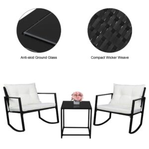 CIPACHO 3 Piece Wicker Patio Furniture Set, Patio Bistro Set with Glass Table & Cushions, Outdoor Rocking Chairs, Rattan Conversation Set for Backyard Porch Poolside Lawn, Black