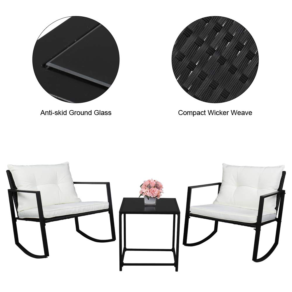 CIPACHO 3 Piece Wicker Patio Furniture Set, Patio Bistro Set with Glass Table & Cushions, Outdoor Rocking Chairs, Rattan Conversation Set for Backyard Porch Poolside Lawn, Black