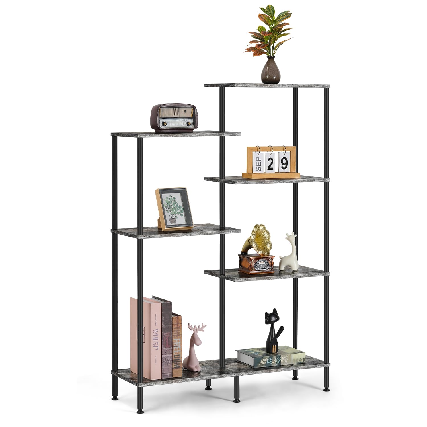 Ebeneze Bookshelf, Z-Shelf Bookcase, Freestanding Multifunctional Display Shelves, Wood Decorative Storage Shelving, 6-Tier Modern Shelf for Living Room, Home Office and Bedroom, Oak Grey