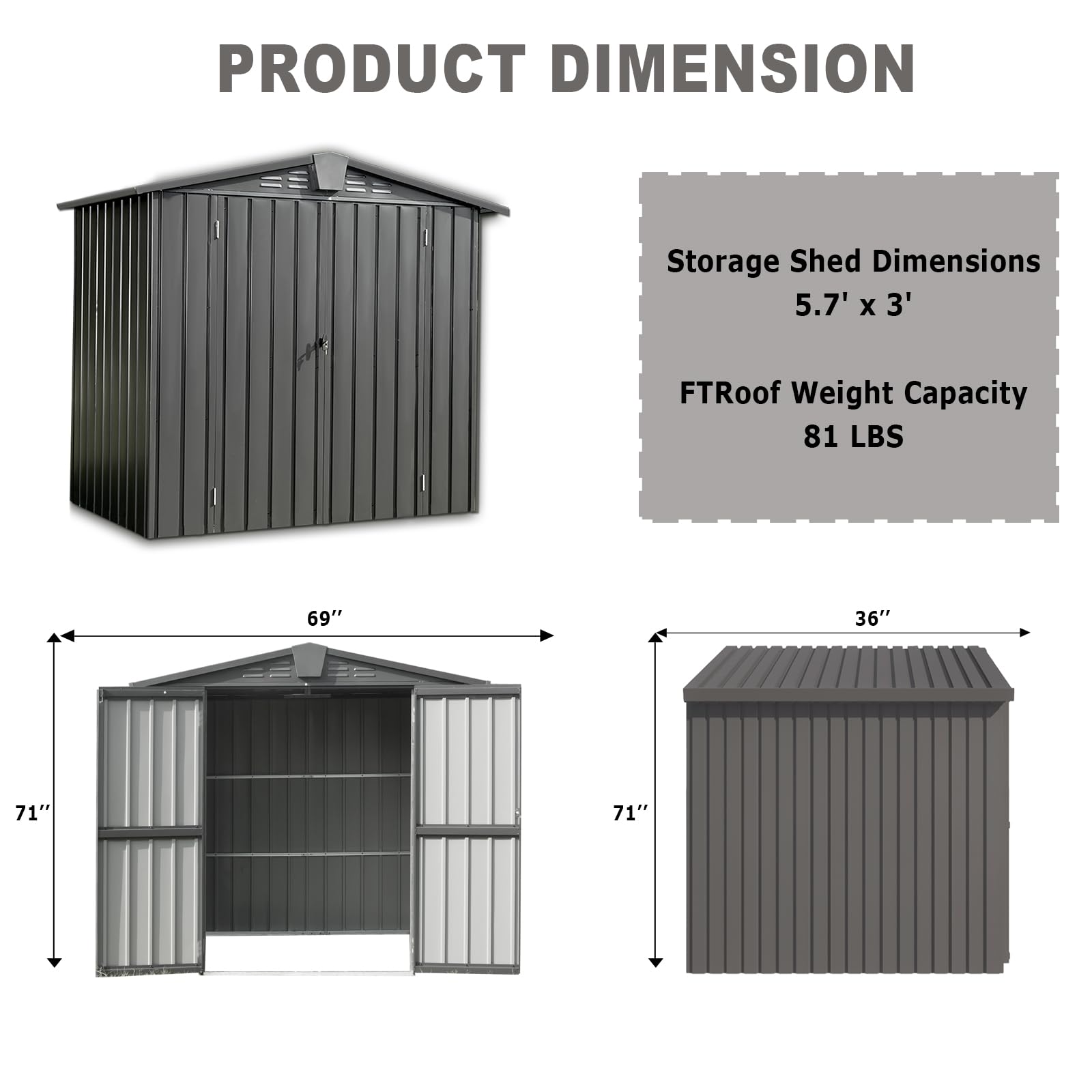 5.7x3 FT Outdoor Storage Shed, Lockable Galvanized Steel Garden Shed Storage Cabinet, Metal Waterproof Tool Sheds for Backyard Garden Patio Lawn (Grey, 5.7x3 ft)