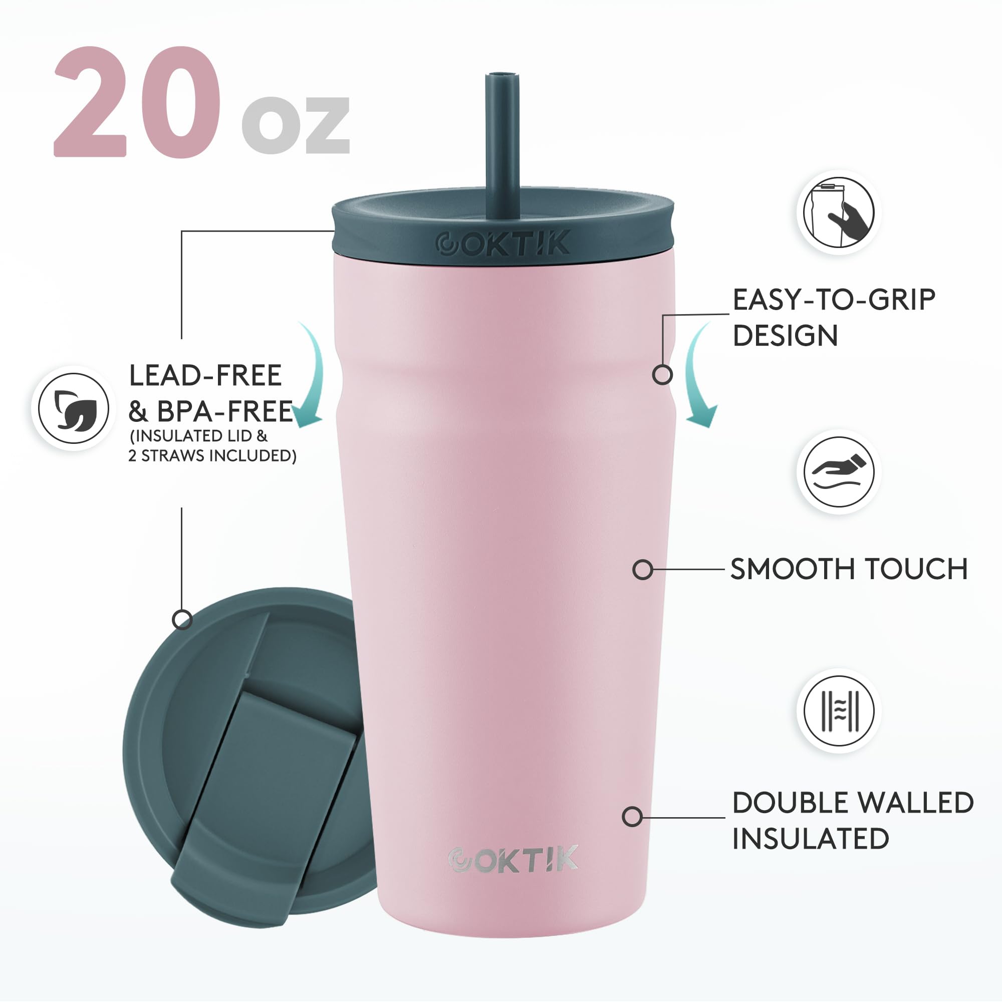 COKTIK 20oz Insulated Tumbler with Lid and Straw 2 Lids (Straw/Flip) Iced Coffee Cup Reusable Stainless Steel Travel Mug Water Bottle Cupholder Friendly for Women Men Her Him (Blush)