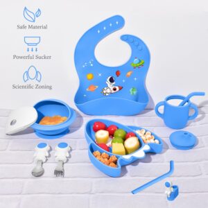 7 Pieces Silicone Baby Feeding Set, Food-Grade Astronaut Theme, Suction Plate and Bowl for Baby, Spoon, Fork, Bib, Cup, Straws, Baby Feeding Essentials for 6+ Months (Blue)