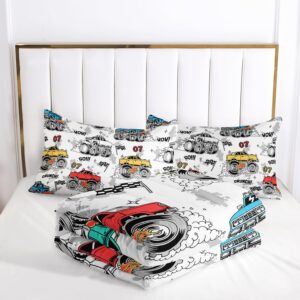 AILONEN Monster Trucks White Comforter Set Twin Size, Cartoon Truck Car Printed Bedding Set for Kids,Boys,Extreme Sports Duvet Set,3-Piece, 1 Quilt and 2 Pillowcases