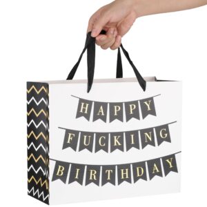 13" Large White Gift Bag Set with Greeting Card and Tissue Papers (Happy Fucking Birthday) for Women's or Men's Birthday Party, Funny Adult Humor Gift Bag - 13”x5.2”x10.2”,1 Pcs.