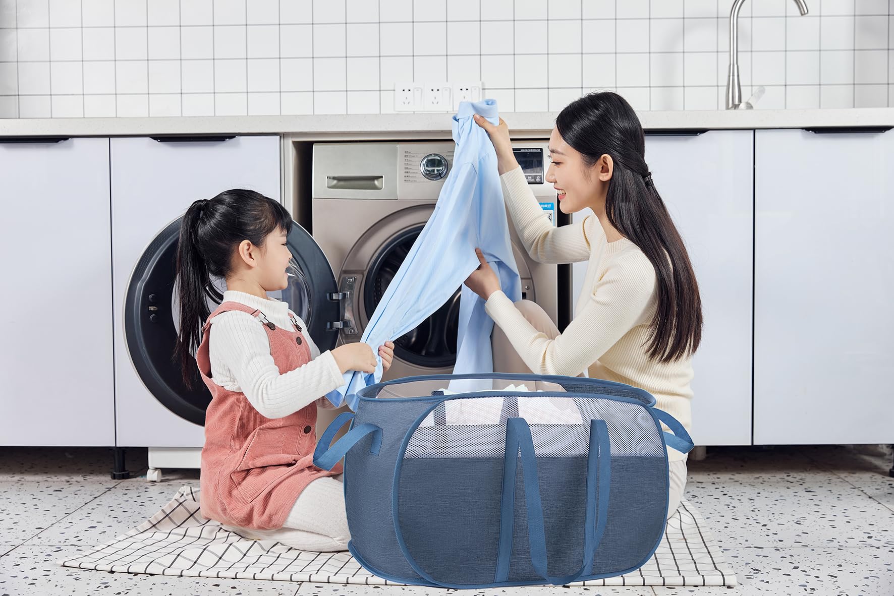 pop-up laundry basket，with Durable Handles collapsible Mesh laundry Hamper,Easy to Open and Fold,Premium Cationic Fabric… (Cationic blue+blue)