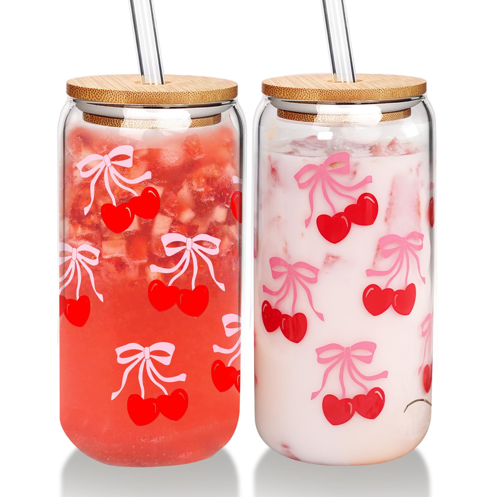 Mason Life Cherries Bows Glass Cups with Lids and Straws, 18OZ Cherry Decor Iced Coffee Cups with Lids, Cute Glass Cups for Women, Glass Tumbler Smoothie Cups, Reusable Cup Drinking Glass -Set of 2