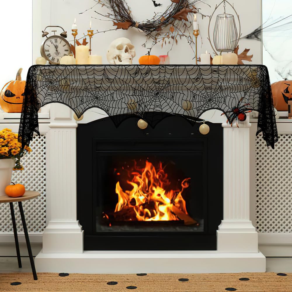 Halloween Mantle Scarf, Black Lace Spiderweb Fireplace Mantel Scarf,Halloween Mantel Decor for Cloth Table Runner,Halloween Decorations Indoor Festive Party Supplies Door Window Curtain,96 x 18 Inch