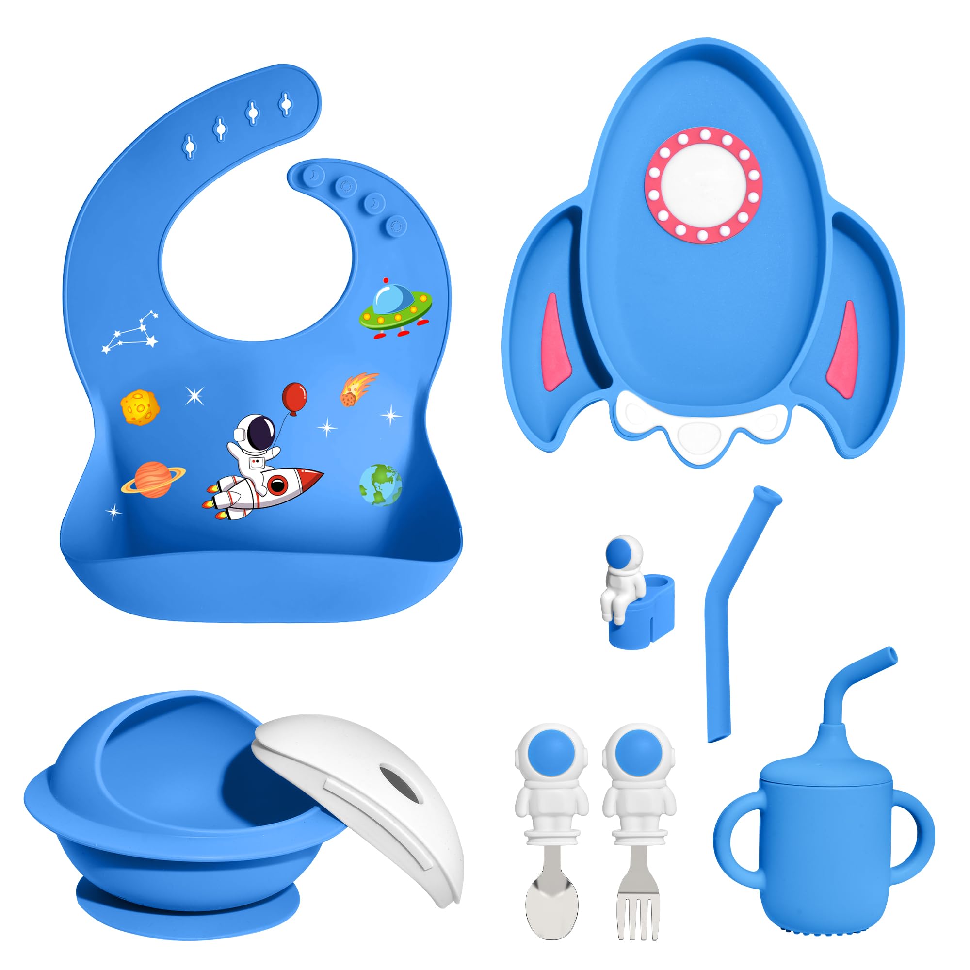 7 Pieces Silicone Baby Feeding Set, Food-Grade Astronaut Theme, Suction Plate and Bowl for Baby, Spoon, Fork, Bib, Cup, Straws, Baby Feeding Essentials for 6+ Months (Blue)