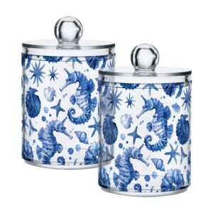 2 pack qtip holder dispenser with lids,blue watercolor seahorses plastic storage containers,bathroom canisters organizer for cotton ball,cotton swab,cotton round pads,floss 21219985