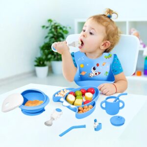 7 Pieces Silicone Baby Feeding Set, Food-Grade Astronaut Theme, Suction Plate and Bowl for Baby, Spoon, Fork, Bib, Cup, Straws, Baby Feeding Essentials for 6+ Months (Blue)