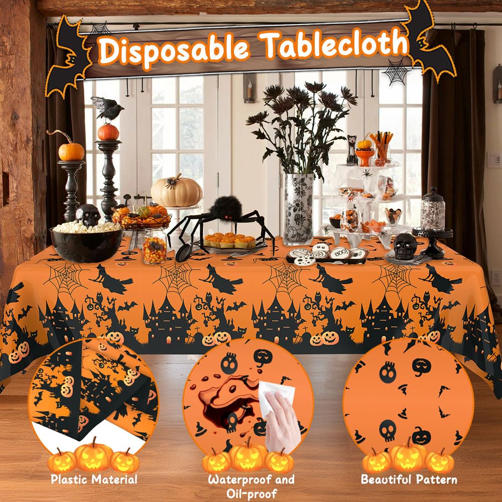 Halloween Tablecloth, 2 Pcs Plastic Tablecloth for Halloween, Rectangle Disposable Table Cover, Waterproof Tablecover for Halloween Party Decoration Outdoor Dinner Kitchen Home Decor 54 x 108 inches