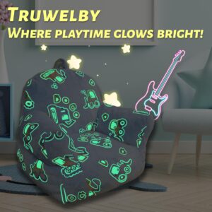 Glow in The Dark Kids Toddler Bean Bag Chair Excavator Truck Car Printed Toddler Chair Children's Plush Chair Mini Sofa Armrest Sofa for Boys and Girls