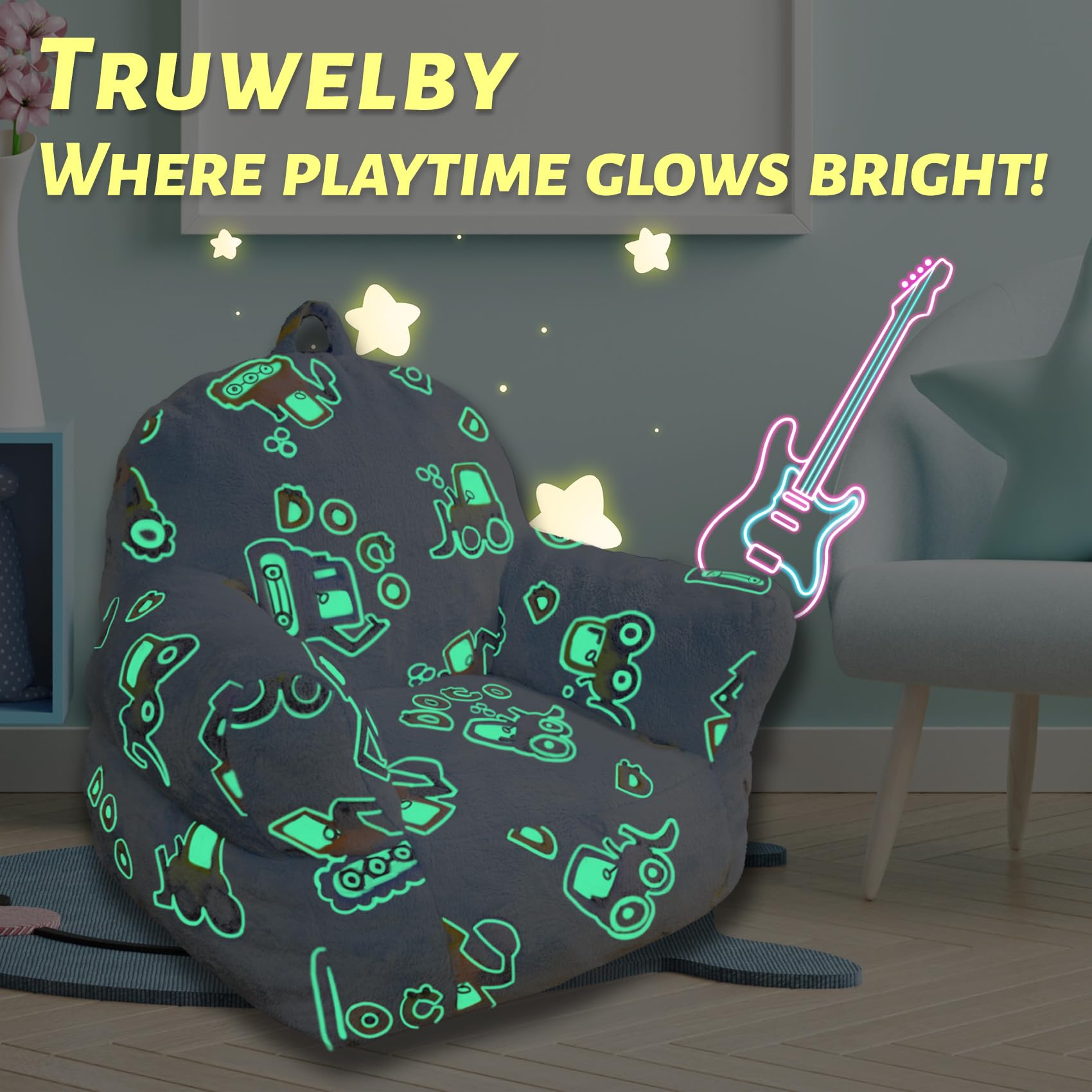 Glow in The Dark Kids Toddler Bean Bag Chair Excavator Truck Car Printed Toddler Chair Children's Plush Chair Mini Sofa Armrest Sofa for Boys and Girls