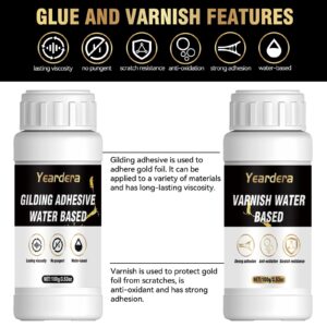 Yeardera Gold Leaf Kit, Gilding Adhesive Set, 100ml Water Based Adhesive and 100ml Varnish with Gold Leaf Sheet 100 pc, for Arts, Craft, Painting, Furniture and Decoration