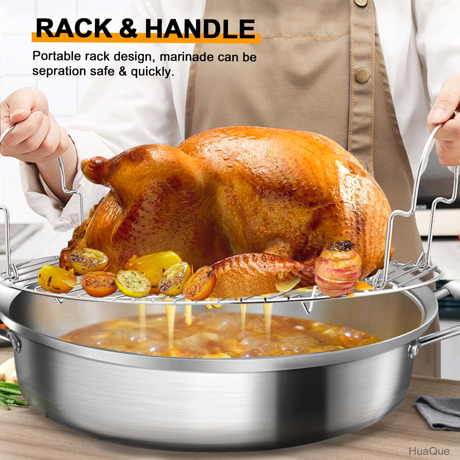 HuaQue Roasting Pan with Rack and Lid, Stainless Steel Large Oval Roaster, Nonstick Oven Cookware for Turkey Chicken, 21 Inch