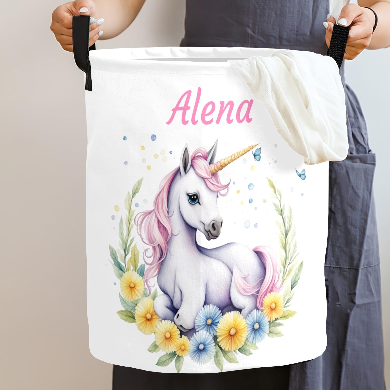 Custom Laundry Baskets with Name Personalized Laundry Hamper for Kids Adults Customized Collapsible Clothes Toys Storage Basket with Handle for Bathroom Living room Bedroom Unicorn