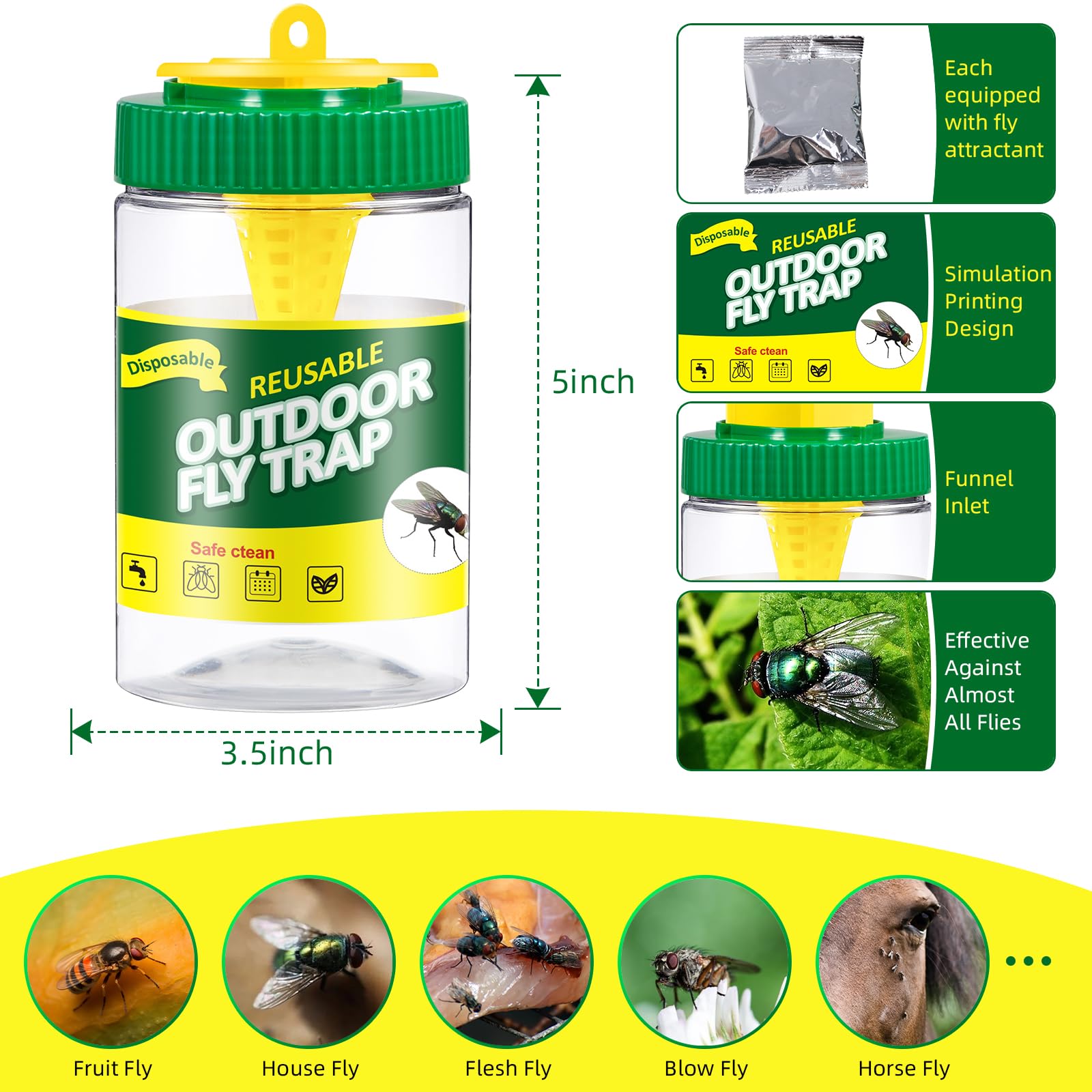 3 Pack Outdoor Hanging Fly Trap Bottles, Reusable Fly Killer Trap Catcher Jar with Natural Bait Refill and Tie Included,Fly Repellent for Outdoor Use Only - Controls Flies for Patios,Barns,Ranches