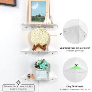 OAPRIRE Corner Shelf Wall Mounted Set of 3, Easy-to-Assemble Corner Floating Shelves Organizer with Adhesive, Acrylic Corner Wall Shelf for Living Room Bedroom Bathroom Kitchen (Clear)