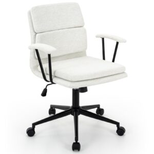 422 modern linen office chair with removable padded armrests, premium double cushion, 135° rocking mid back ergonomic computer task chair with wheels for home study&meeting(white)