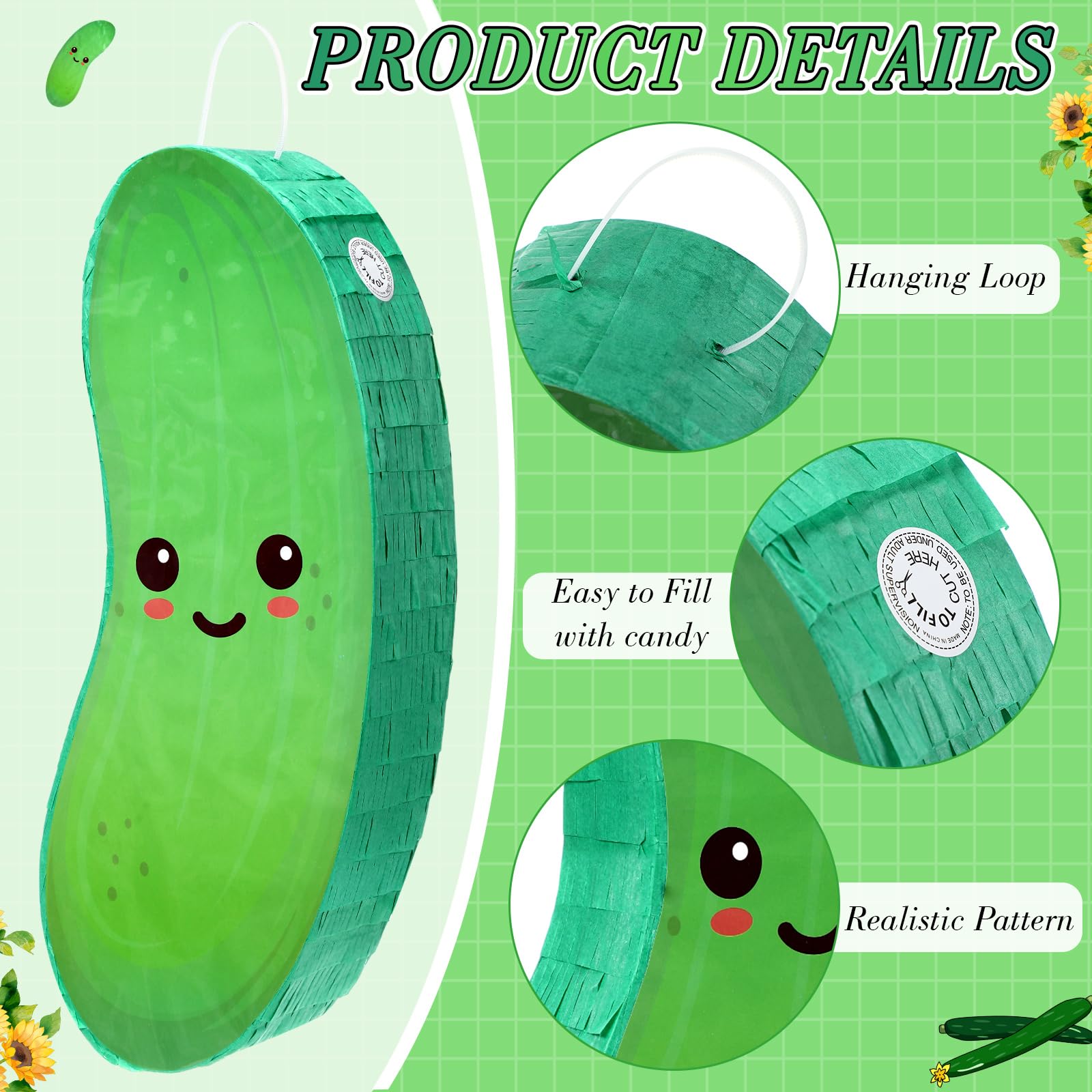 Sonwyoung Pickle Piñata for Kids Birthday Party 15.7 x 6.7 x 2.8 Inches Cucumber Theme Piñata with Bat Blindfold and Confetti for Baby Shower Photo Props Cinco De Mayo Fiesta Decoration