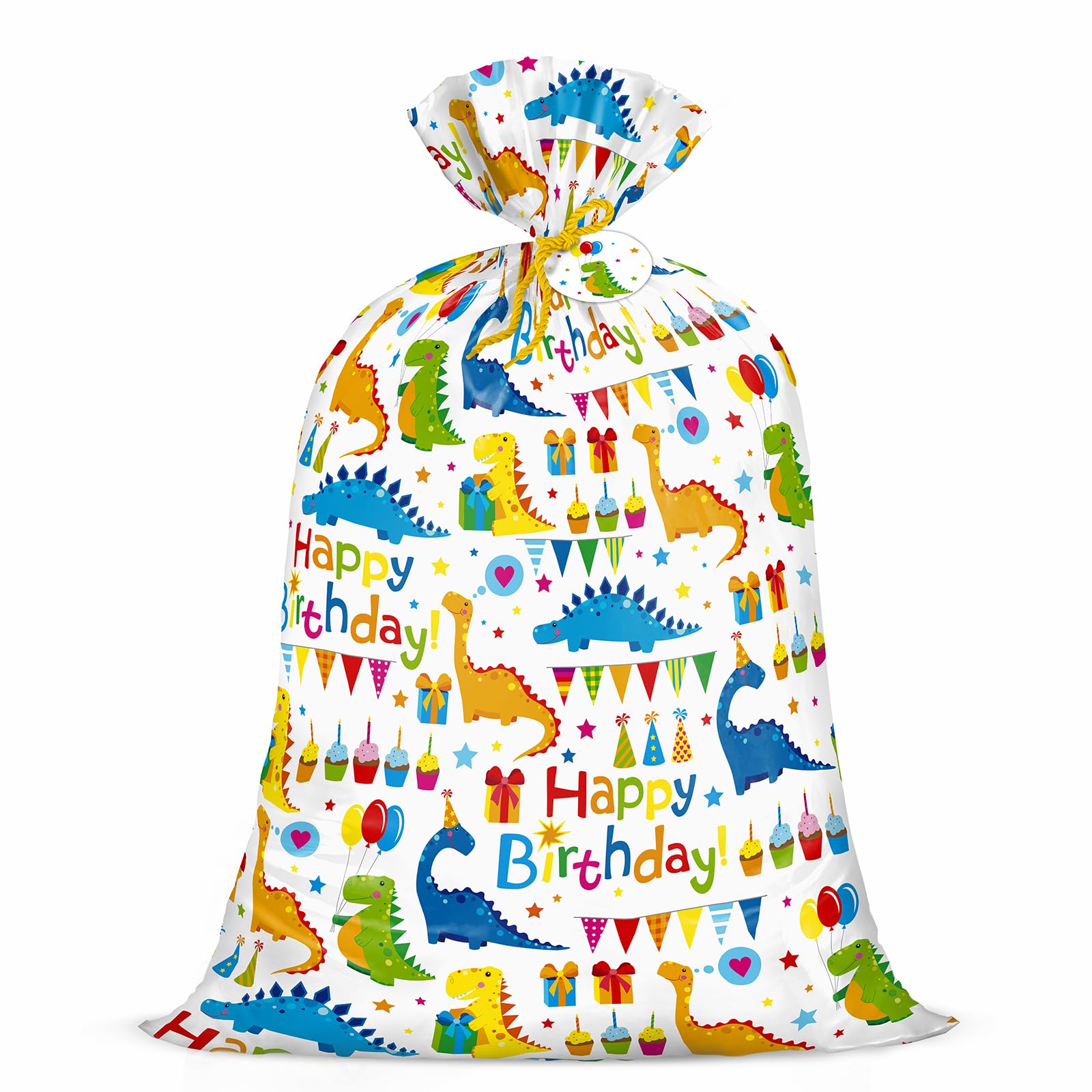 Loveinside Jumbo Large Plastic Gift Bag, Birthday Design Plastic Bag with Tag and Tie for Birthday Party, Graduation, Baby Shower - 56" x 36", 1 Pcs - Dinosaur