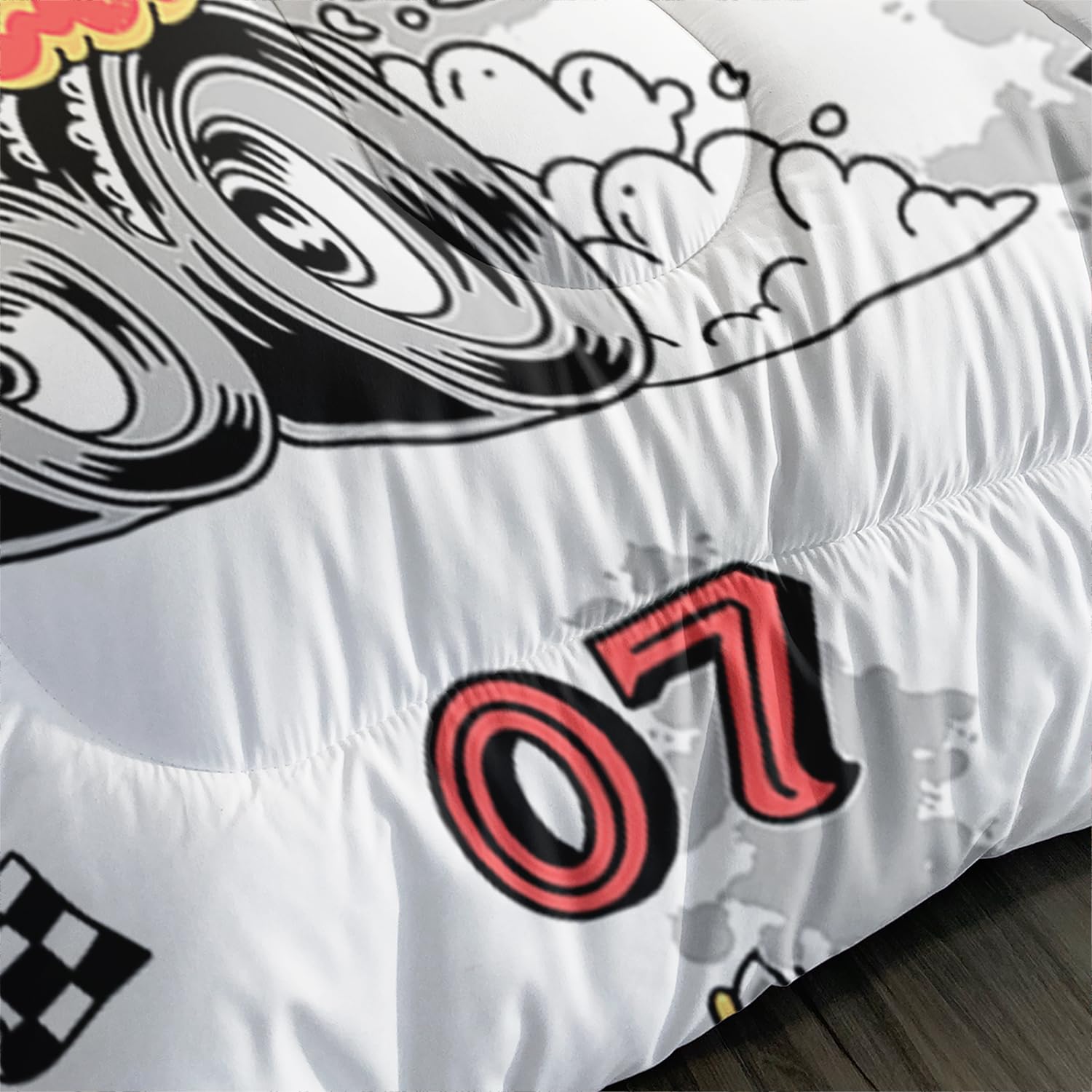 AILONEN Monster Trucks White Comforter Set Twin Size, Cartoon Truck Car Printed Bedding Set for Kids,Boys,Extreme Sports Duvet Set,3-Piece, 1 Quilt and 2 Pillowcases