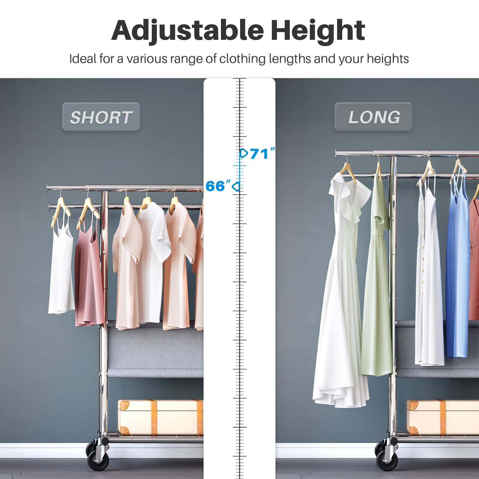 HOKEEPER Clothing Rack Heavy Duty Clothes Rack for Hanging Clothes Load 625LBS Extendable Double Rod Clothes Rack, Adjustable Rolling Garment Rack with Wheels, Basket & Shelves 71.2''W*23.6''D*68.5''H