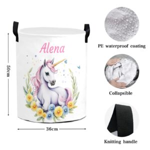 Custom Laundry Baskets with Name Personalized Laundry Hamper for Kids Adults Customized Collapsible Clothes Toys Storage Basket with Handle for Bathroom Living room Bedroom Unicorn