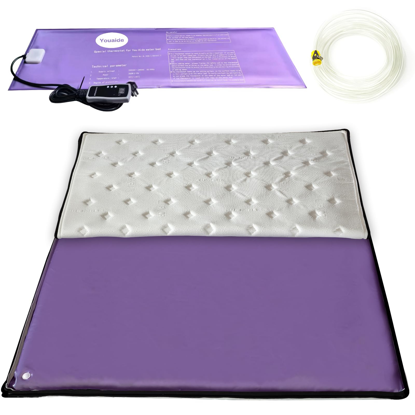 Free Flow Full Wave Mediume Water Bed, Square Purple Durable PVC Foldable Water Bed Set with Smart Thermostats, No Frame Needed Softside Water Bed, Water Beds for Adults, Elderly (Queen)