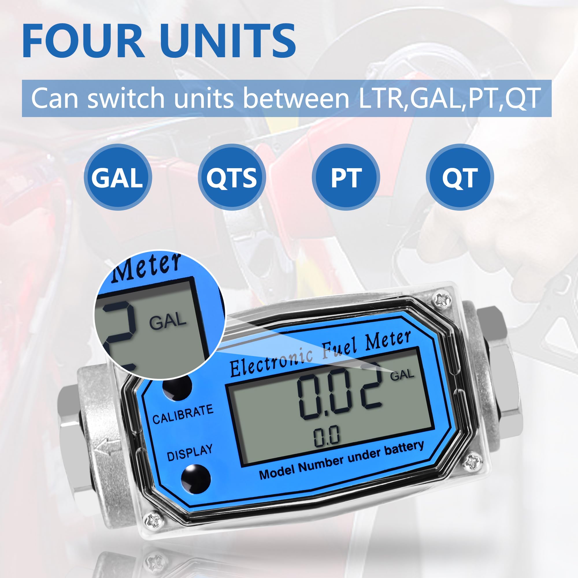 1" Turbine Fuel Flow Meter, 2.6-26 GPM Inline NPT Thread Flowmeter with 3/4" Adapters,Digital Fuel Flow Meter,for Kerosene,Biodiesel, Light Chemicals- Supports Gallon, LTR, PT, QT