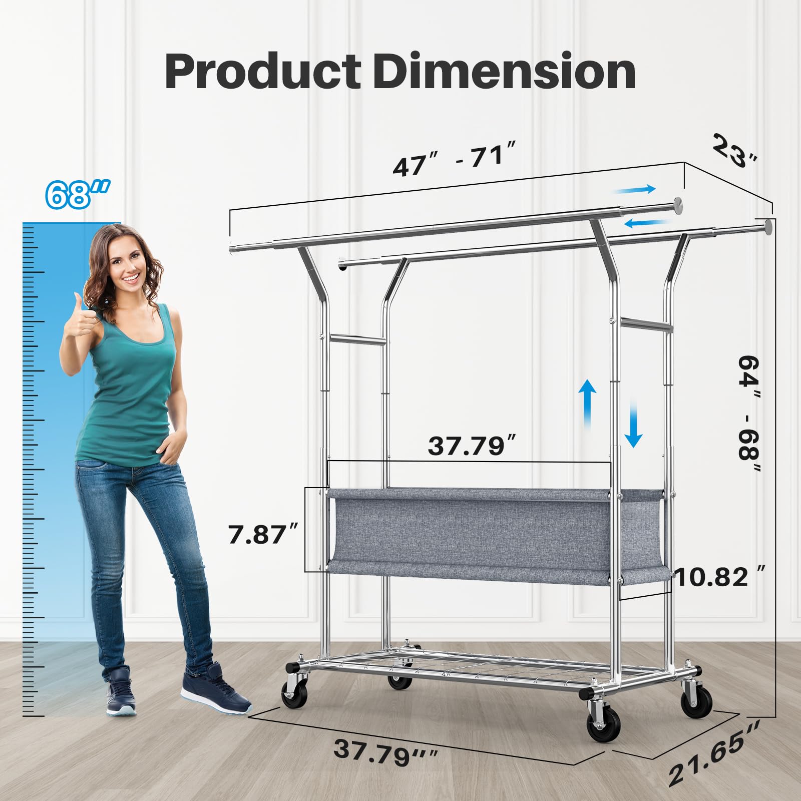 HOKEEPER Clothing Rack Heavy Duty Clothes Rack for Hanging Clothes Load 625LBS Extendable Double Rod Clothes Rack, Adjustable Rolling Garment Rack with Wheels, Basket & Shelves 71.2''W*23.6''D*68.5''H