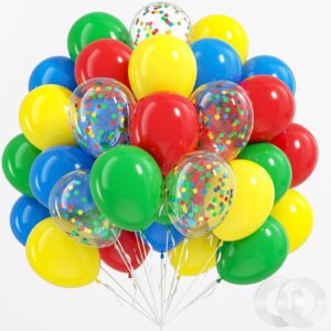 bauanooy red yellow blue green balloons, 60pcs 12 inch latex bailoons colourful confetti bailoons for baby shower carnival circus birthday party decorations