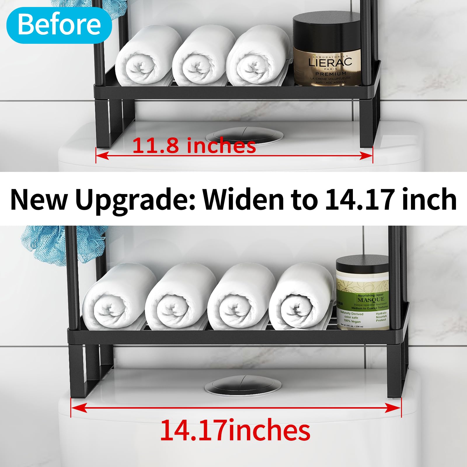 Over Toilet Storage Shelf, 14.17 inch Bathroom Shelves Over Toilet with Toilet Paper Holder, 2 Tier Metal Toilet Tank Organizer Rack with No Drill Adhesive Hook, 4Pcs Bases, Black