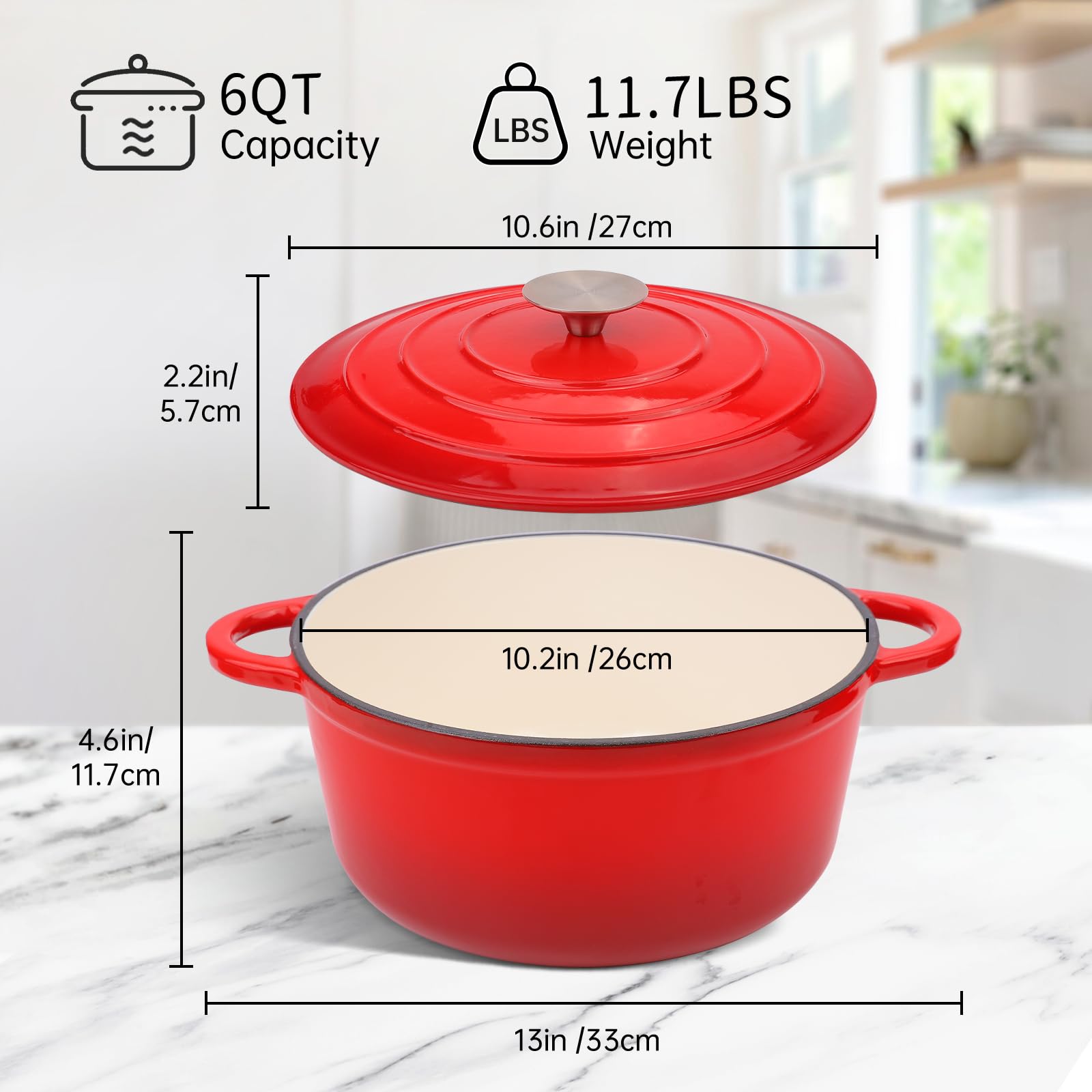 CookNexa 6 Quart Enameled Cast Iron Dutch Oven Pot with Lid and Silicone Accessories, Oven Safe up to 500°F or on Stovetop, Non-stick Dutch Oven for Bread Baking, Cooking, Dual Handles Cookware, Red