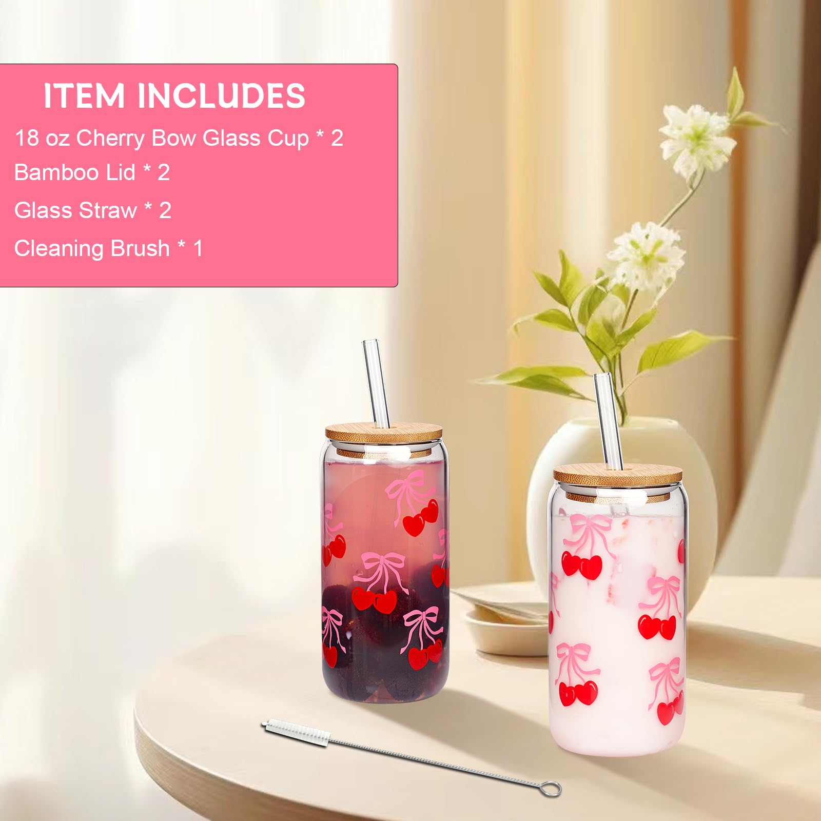 Mason Life Cherries Bows Glass Cups with Lids and Straws, 18OZ Cherry Decor Iced Coffee Cups with Lids, Cute Glass Cups for Women, Glass Tumbler Smoothie Cups, Reusable Cup Drinking Glass -Set of 2