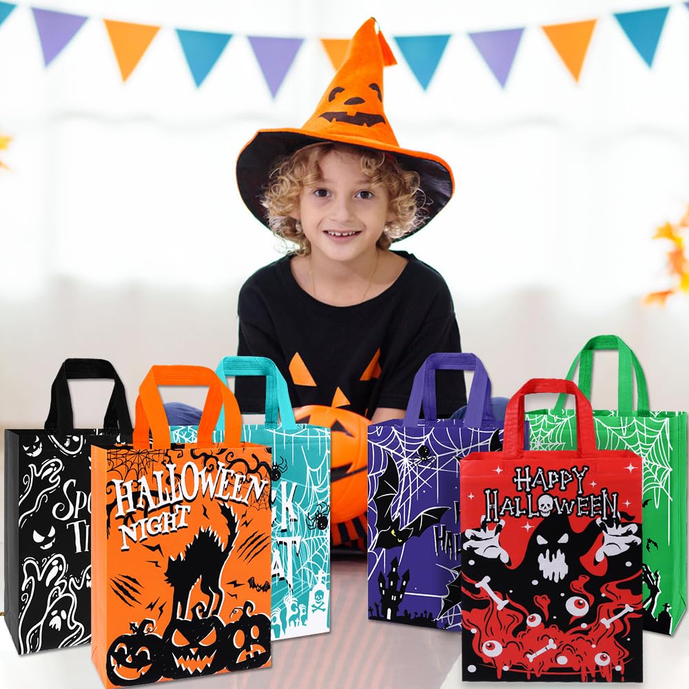 DULEFUN 6pcs Large Halloween Tote Gift Bags, Halloween Trick or Treat Bags with Handles Reusable Non-Woven Goodie Candy Bags for Gifts Wrapping Halloween Party Favor Supplies