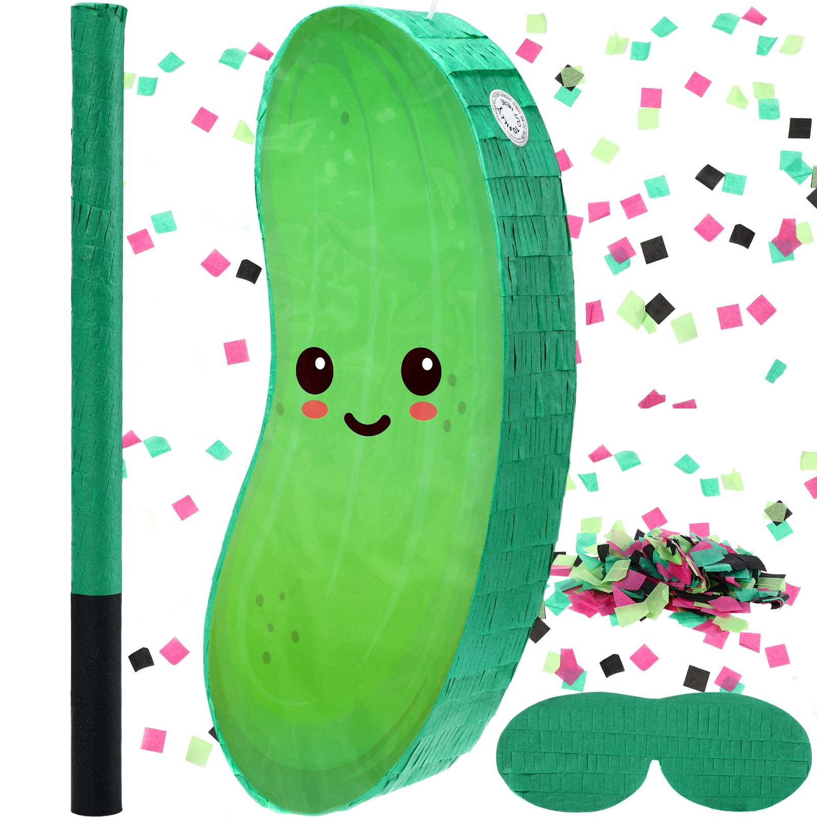 Sonwyoung Pickle Piñata for Kids Birthday Party 15.7 x 6.7 x 2.8 Inches Cucumber Theme Piñata with Bat Blindfold and Confetti for Baby Shower Photo Props Cinco De Mayo Fiesta Decoration