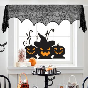 Halloween Mantle Scarf, Black Lace Spiderweb Fireplace Mantel Scarf,Halloween Mantel Decor for Cloth Table Runner,Halloween Decorations Indoor Festive Party Supplies Door Window Curtain,96 x 18 Inch